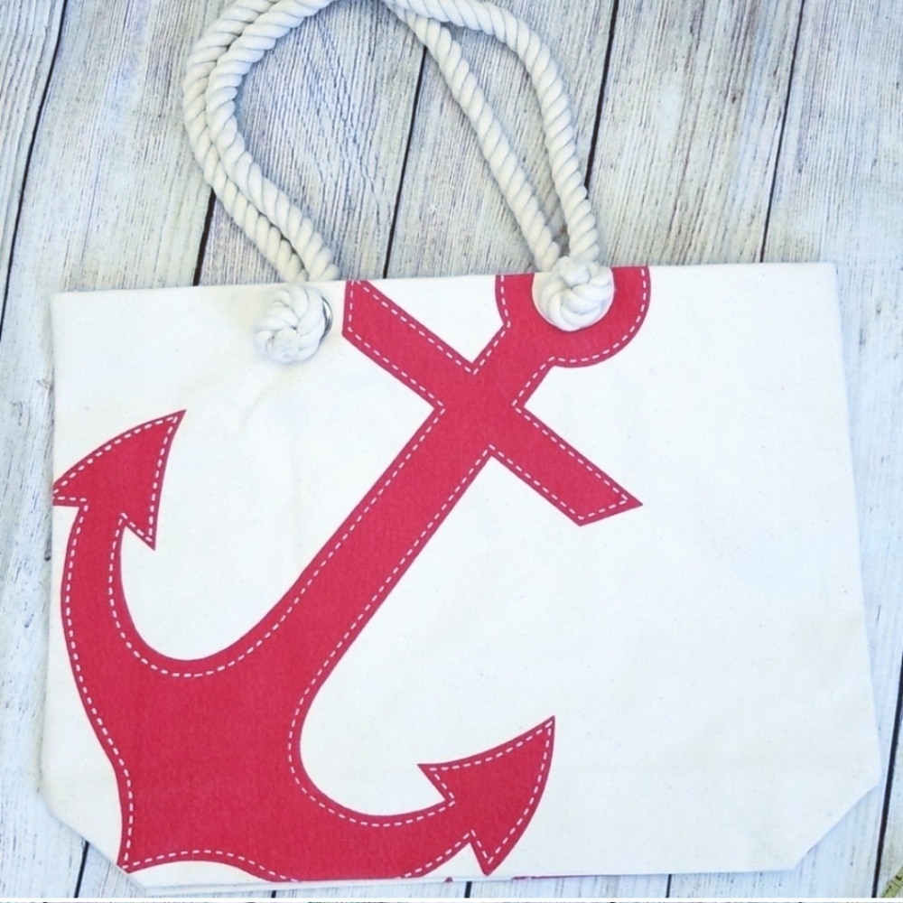 Canvas Tote With Red Anchor And Rope Handles